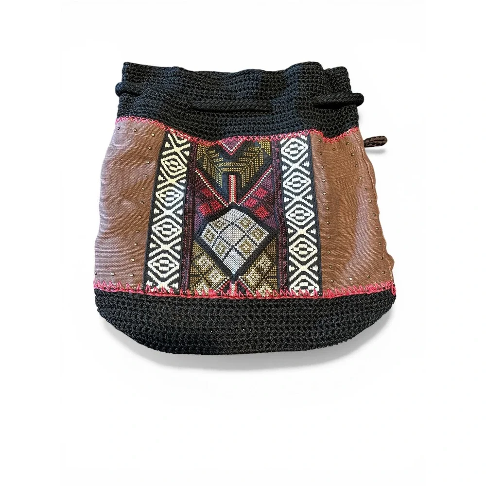The Sak Vintage Crochet Sayulita Drawstring Backpack Bohemian Black Brown